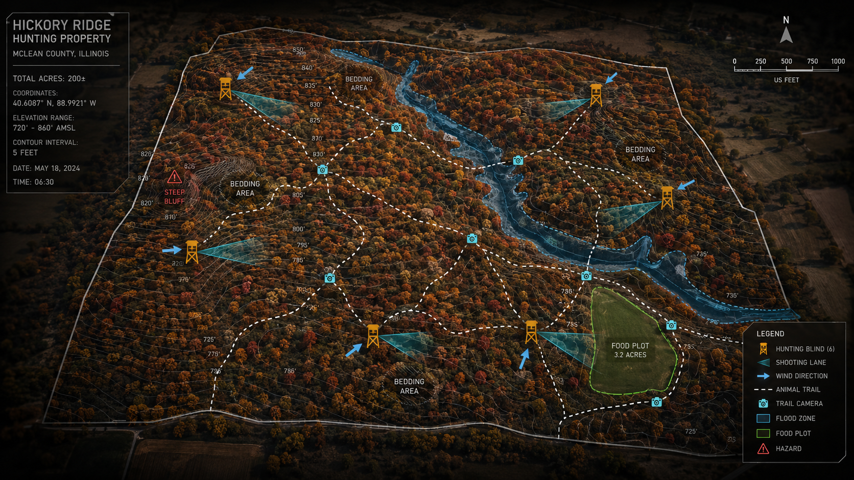 Tactical property briefing master map - hunting blinds, sightline cones, animal trails, wind arrows, elevation contours, flood zones, trail camera positions over 3D terrain