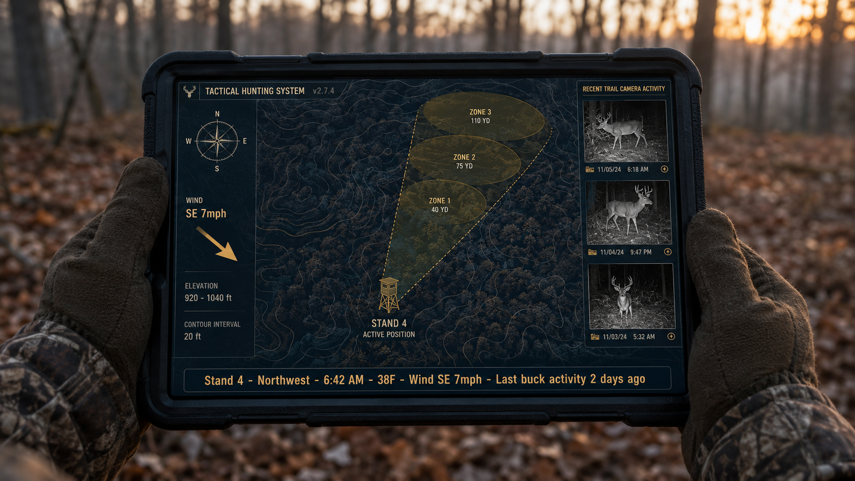 Rugged tablet held in a hunter's gloved hands at dawn showing tactical view of a single blind position - sightline cones, wind direction, elevation contours, trail cam thumbnails