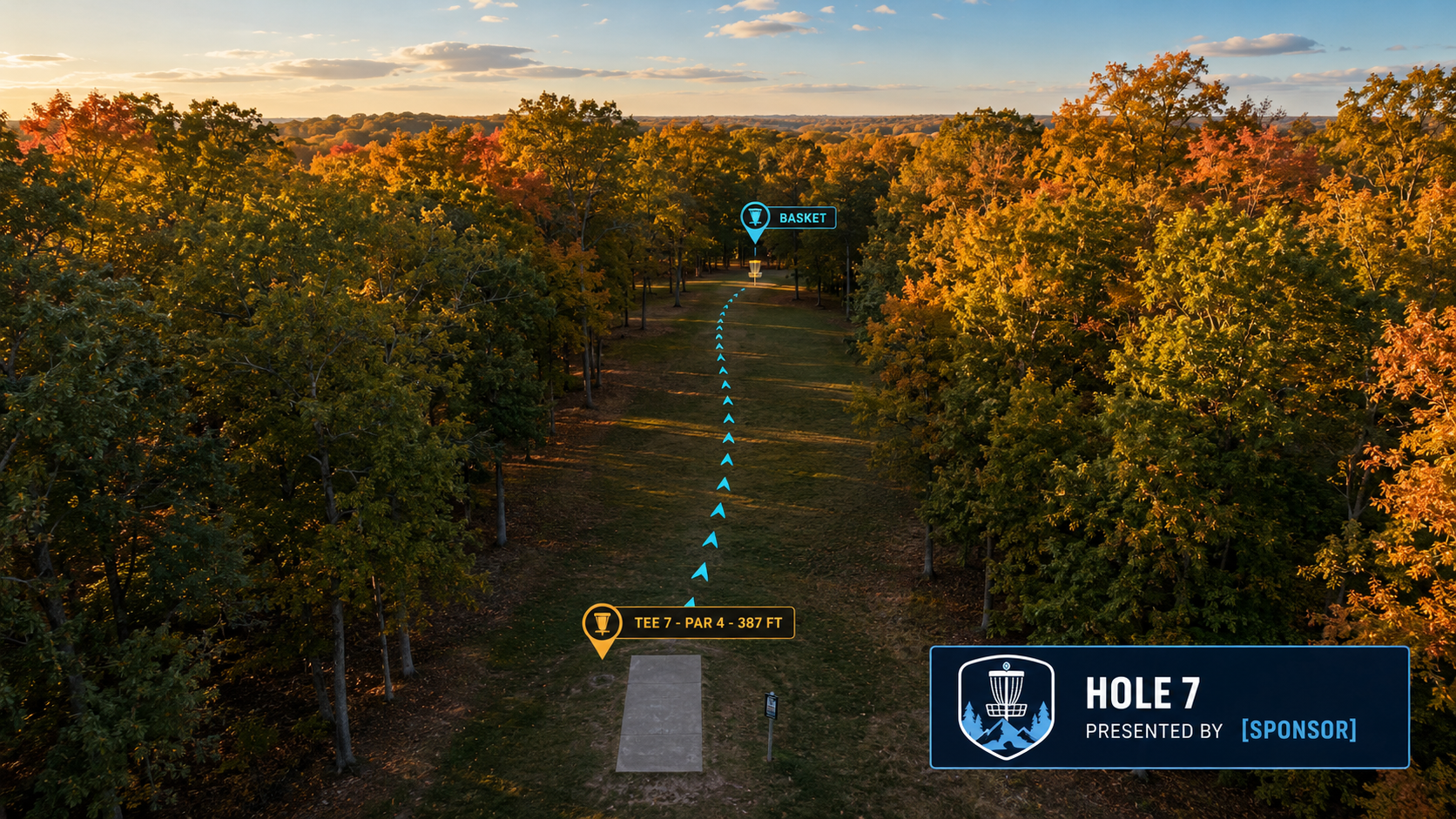 Aerial drone view of a disc golf hole at golden hour with sponsor-branded tactical overlay