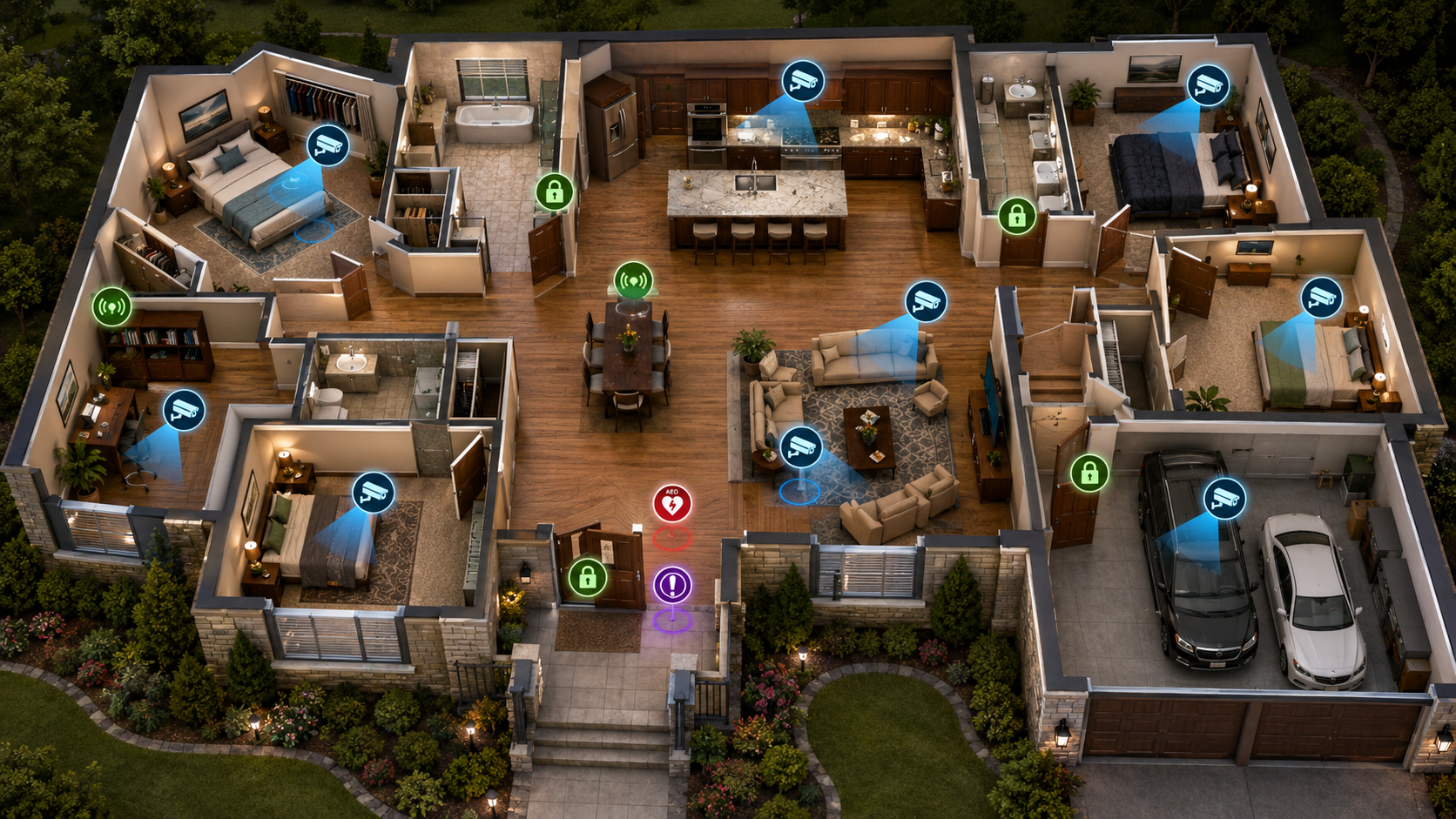 Isometric cutaway spatial model of a property with feature overlays - the SkyGrain real estate deliverable