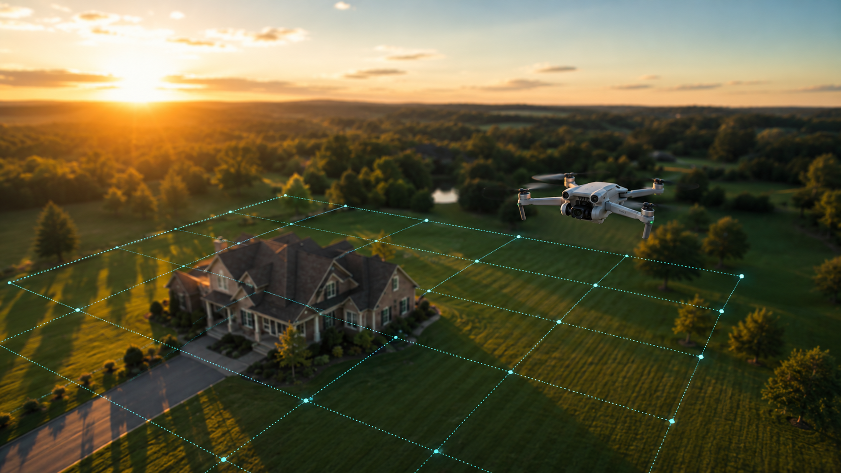 DJI Mini 3 drone flying photogrammetry mission over residential property at golden hour