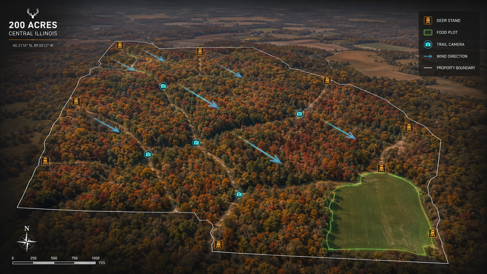 200-acre central Illinois hunting property with annotated stand positions, food plot overlays, and terrain legend