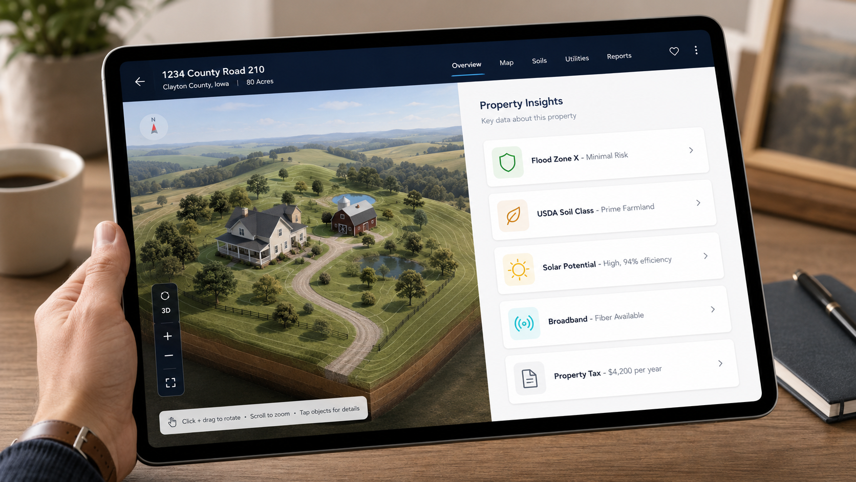 iPad showing FSBO property listing with 3D exterior model, address bar visible, property data dashboard, full UI